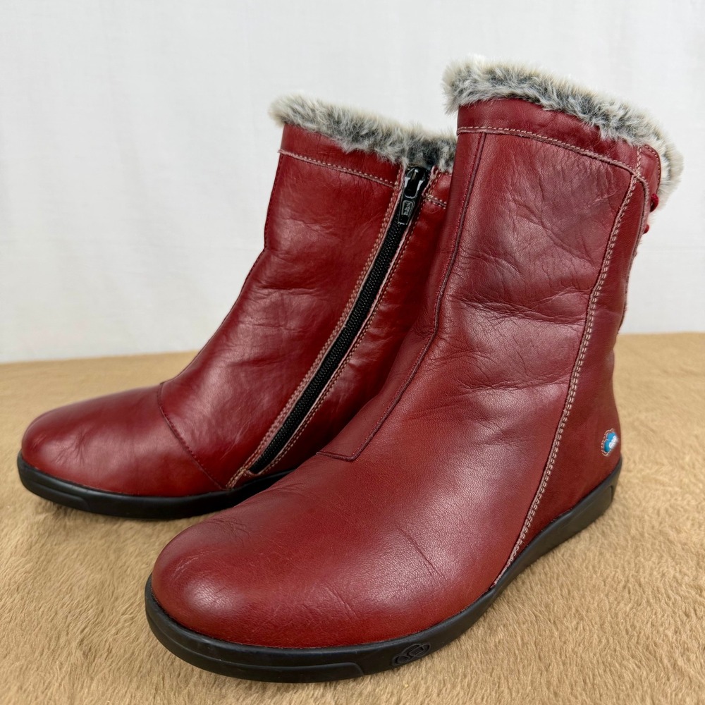 Cloud Aryana Red Italian Leather Wool Lined Boots Faux Fur Trim EU 37 US 6.5-7